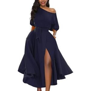 Lilyin XL Navy Blue Off Shoulder Cocktail Dress NWT Pockets Slit Belted